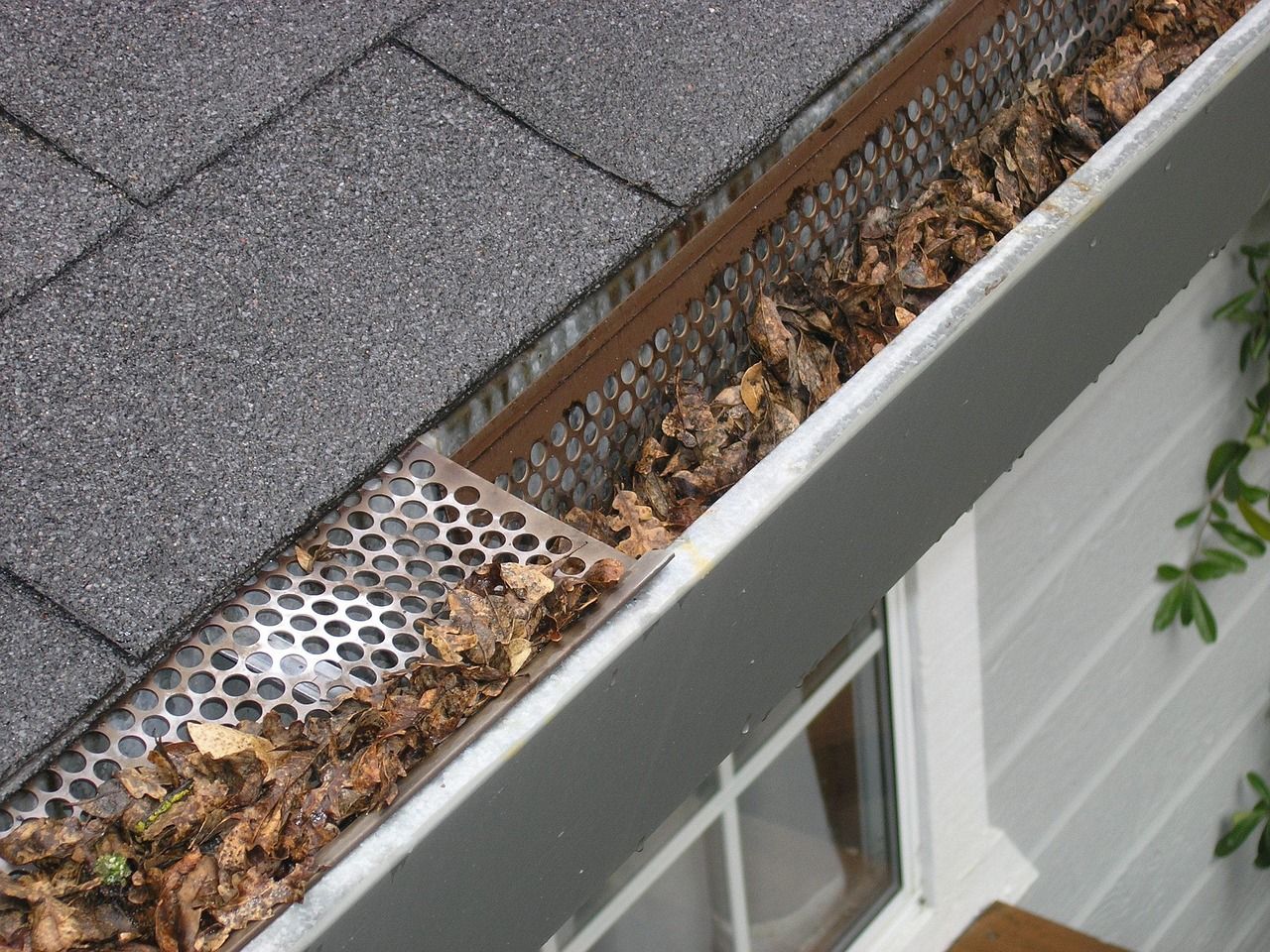 A gutter run being cleared by hand from a ladder